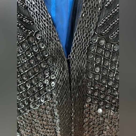 Vintage Nite Line Black Silk sequin beaded open front trench jacket women's L - Picture 8 of 10